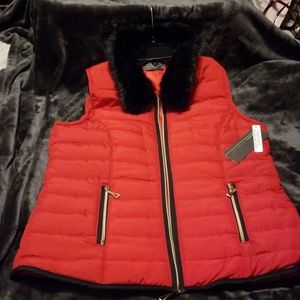 Red Quilted Vest with Faux Fur Collar NWT